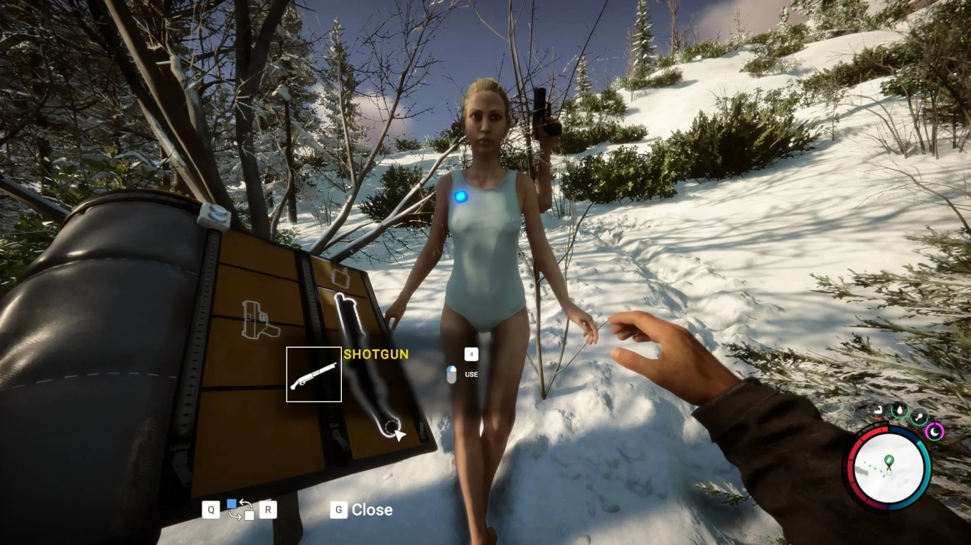 Virginia defends the base with a pistol and shotgun in Sons of the Forest