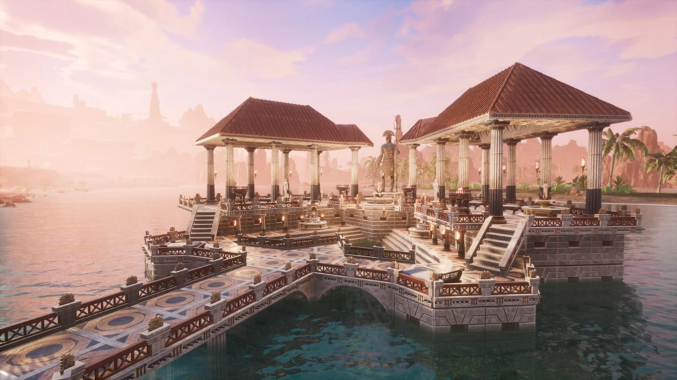 Conan Exiles Architects of Argos – Marble city with statues, fountains, and warm light
