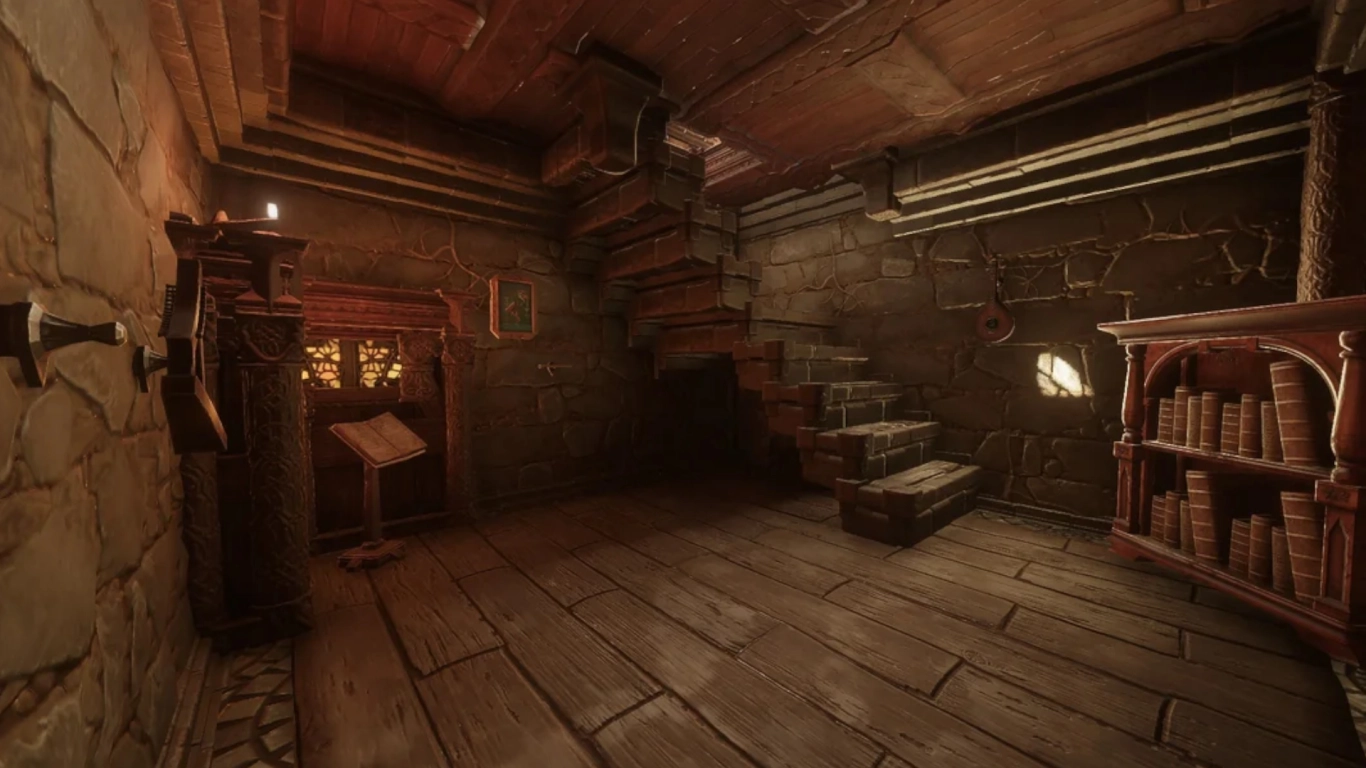 Enshrouded basement with stone walls and a secret passage