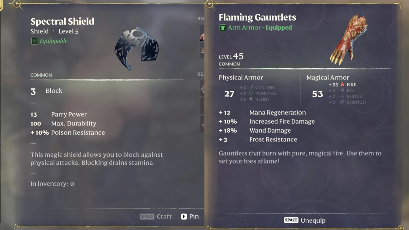 Enshrouded mage gear — armor, rings, shields, and mana regeneration