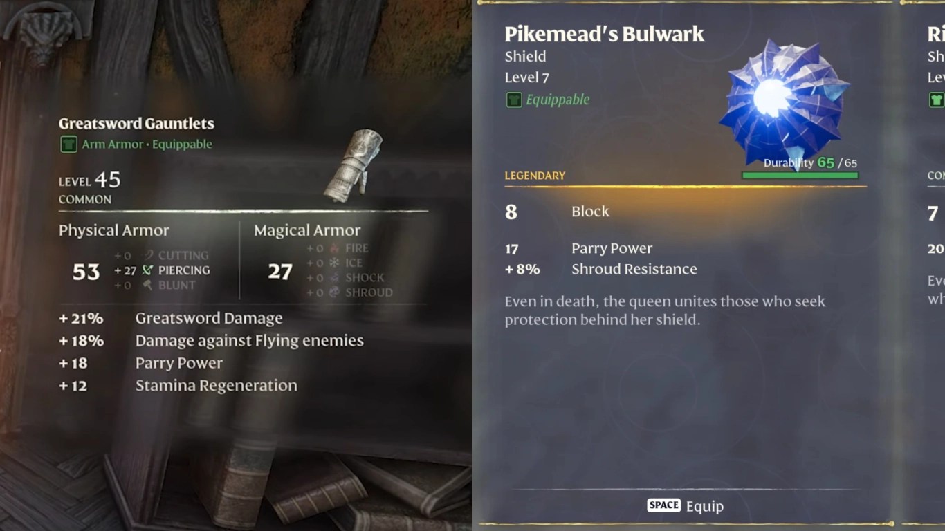 Enshrouded gear: armor, shields, and attributes for strong melee builds