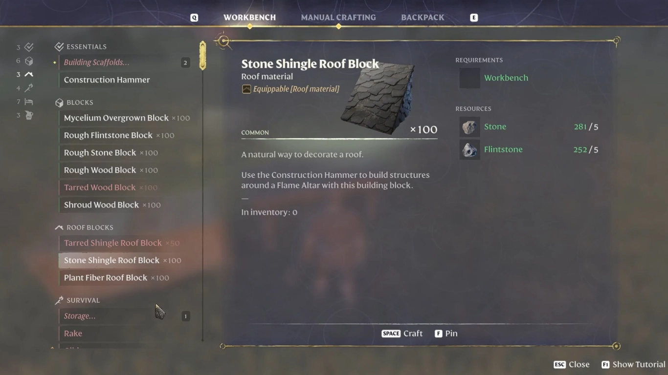 Craft materials at the workbench and manage large stacks in Enshrouded’s inventory