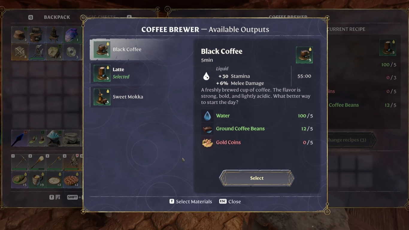 Brewing coffee in Enshrouded: Wake of the Water with recipes and a mill