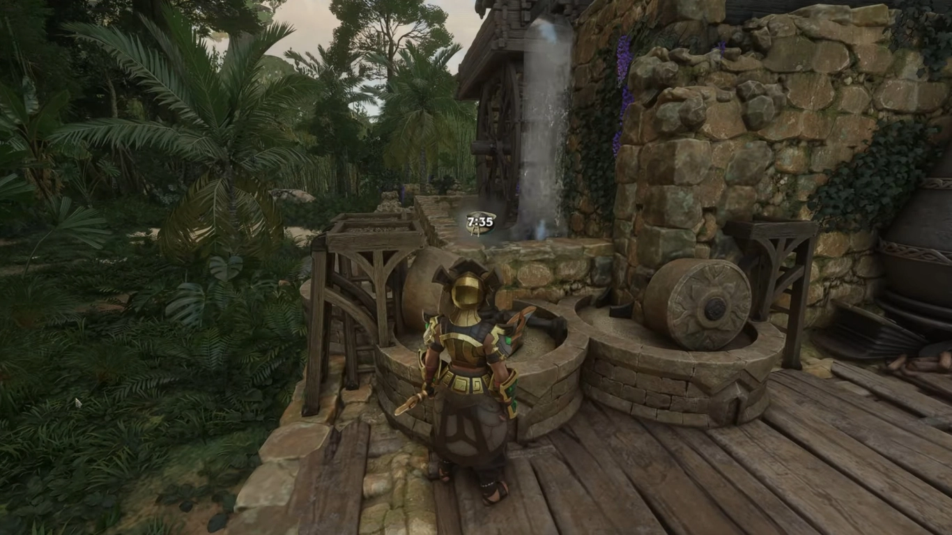 Mill with waterwheel in Enshrouded for coffee grounds and bone meal