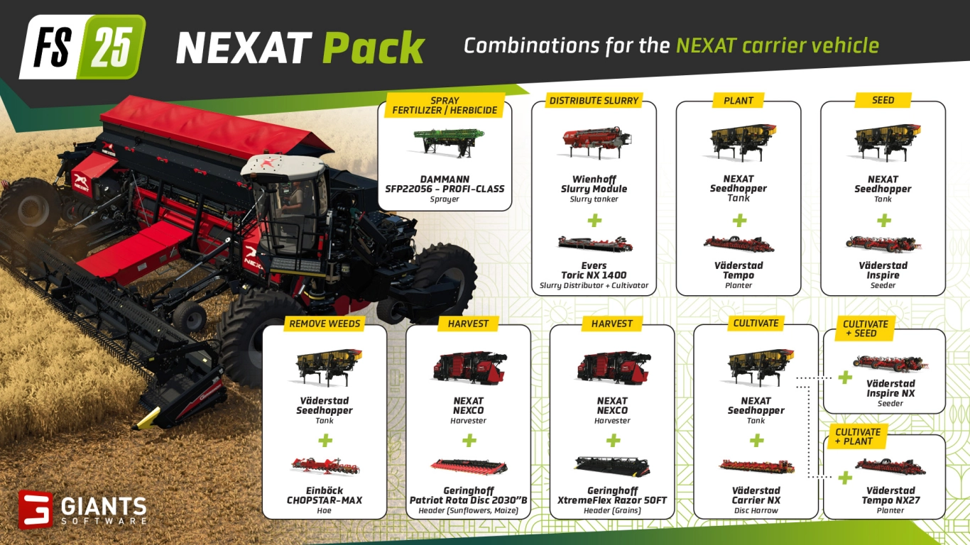 NEXAT modules in Farming Simulator 25: cultivator, seeder, fertilizer spreader, and harvesting header in action