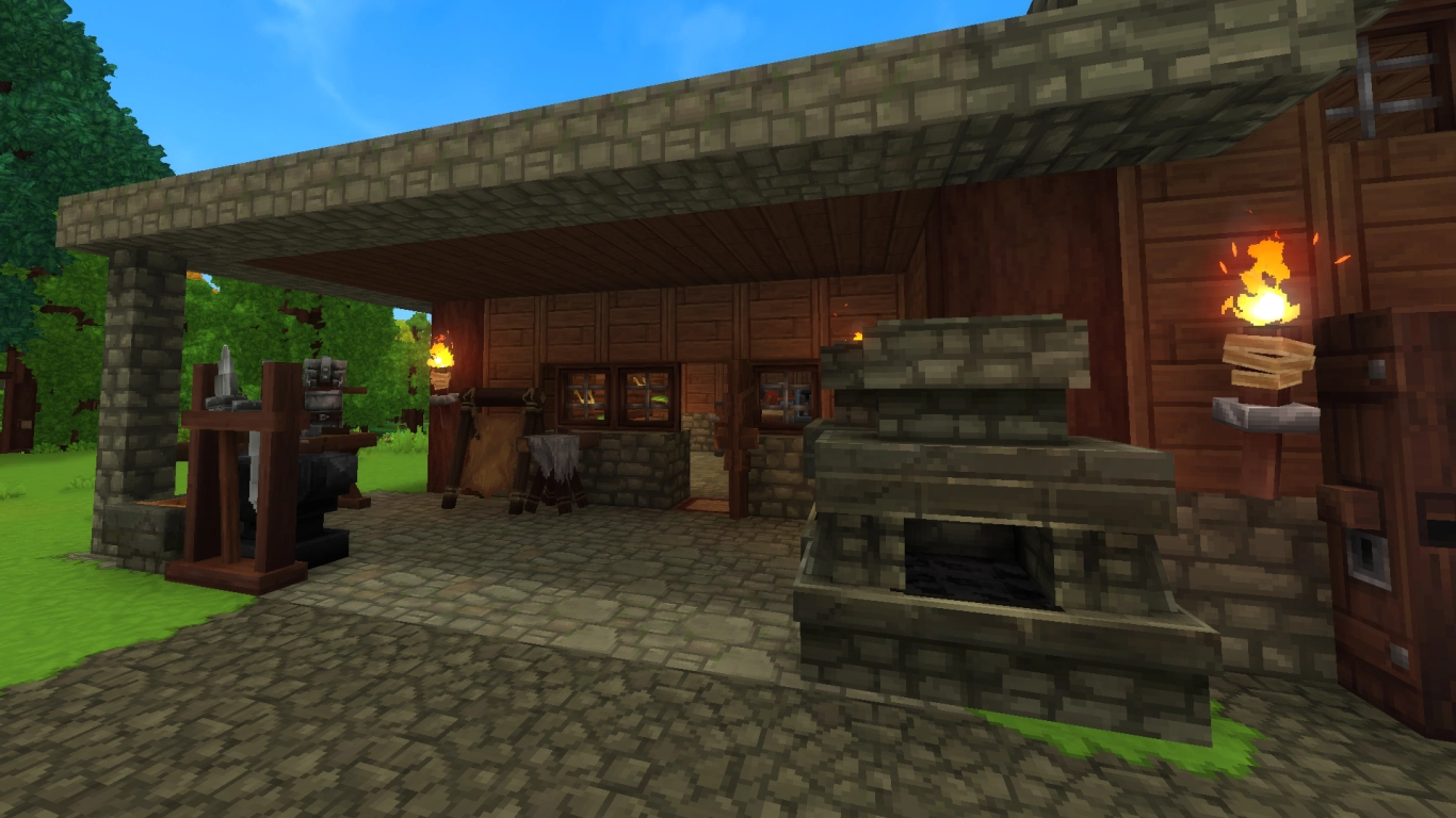 Hytale outdoor forge area with furnaces and workbenches