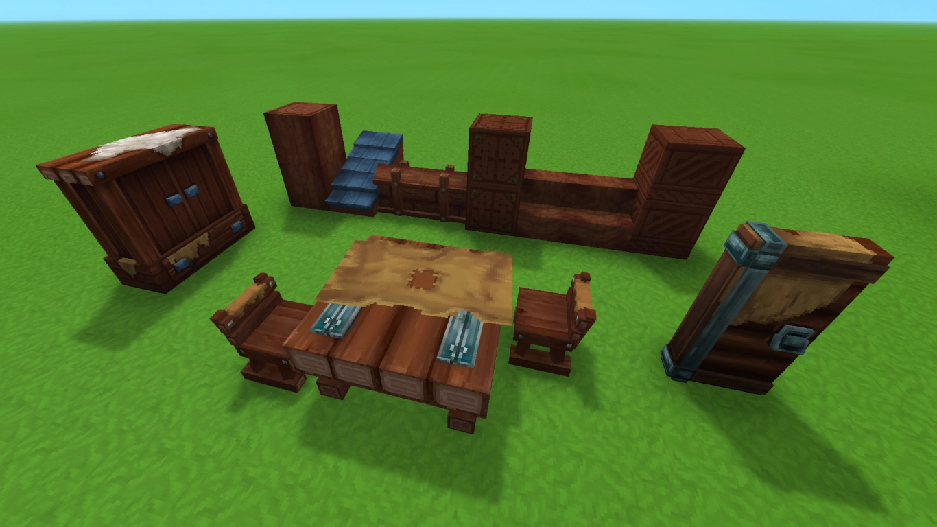 Hytale Redwood wood: red building wood with blue roofs and furniture