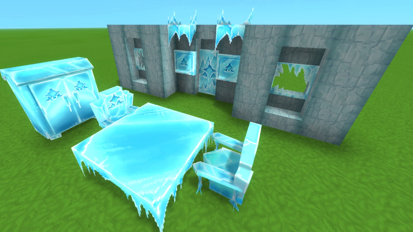 Hytale Frostwood: ice furniture like shelves, tables, chairs, windows, and cabinets