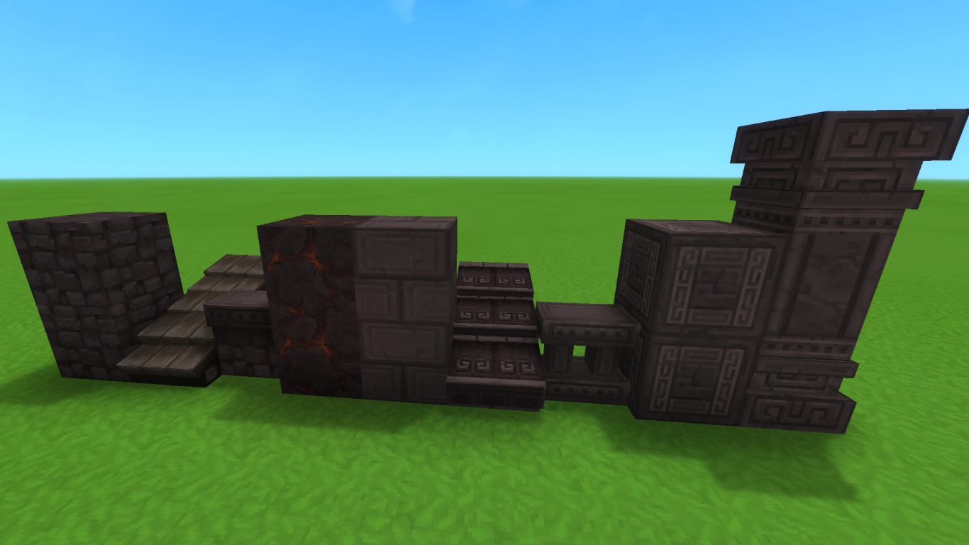 Hytale Volcanic Stone: dark building blocks with ornamentation, roofs, fences, and columns