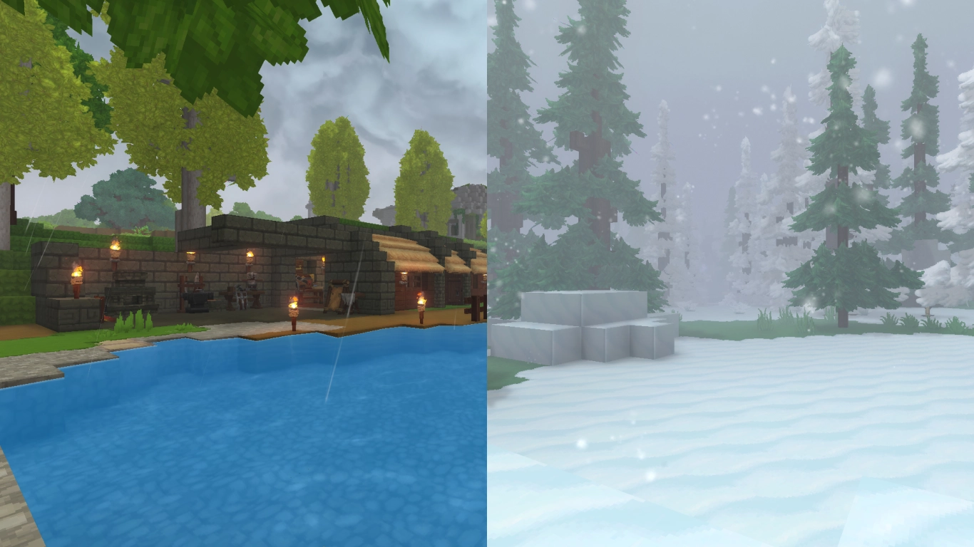 Hytale weather effects like rain wind and snow that influence the environment