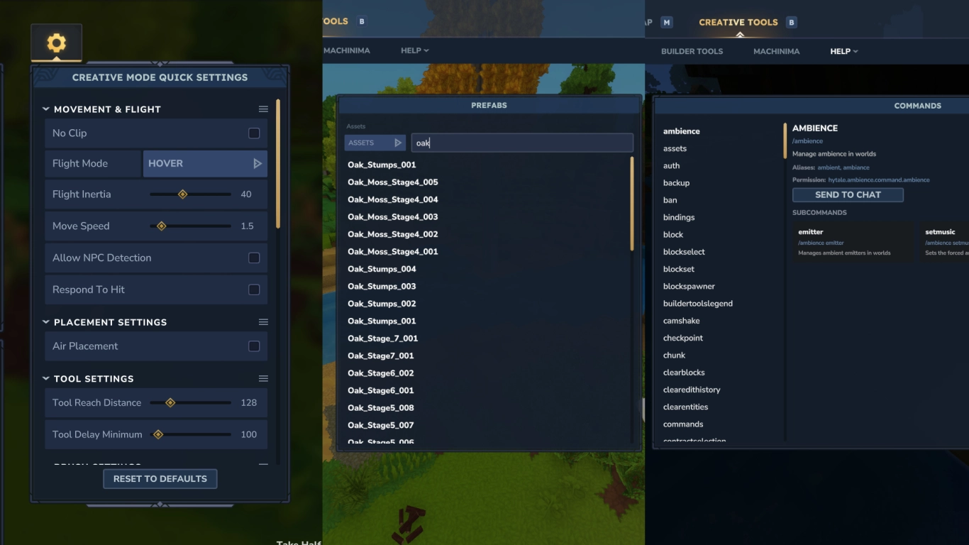 Hytale Quick Settings, spawning, and chat commands in Creative Mode