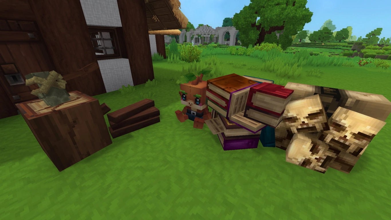 Hytale decorations like book stacks, bones, and a Kweebec plushie