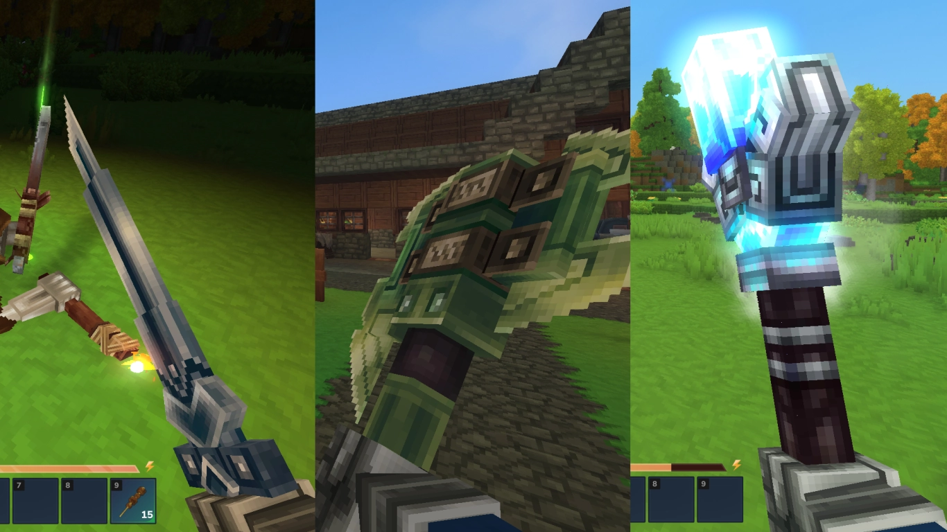 Hytale weapon variety with sword, axe, mace, bow, crossbow, and magic