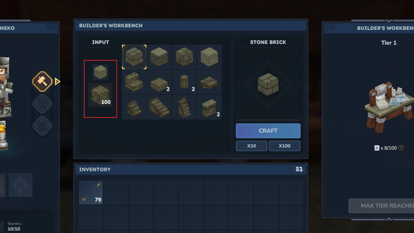 Hytale Builder's Workbench with options like slabs, stairs, ornaments, and pillars