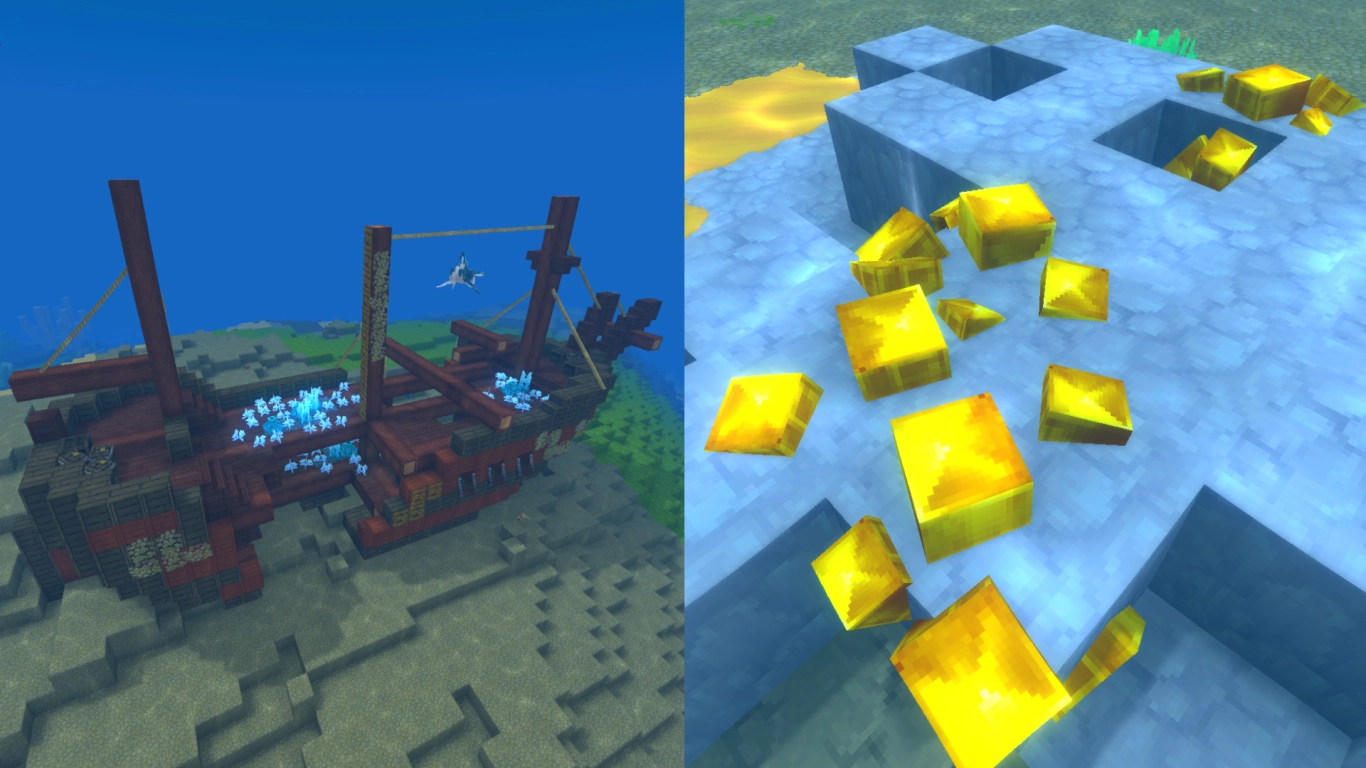 Hytale oceans with ruins, coral reefs, sunken ships, and gold