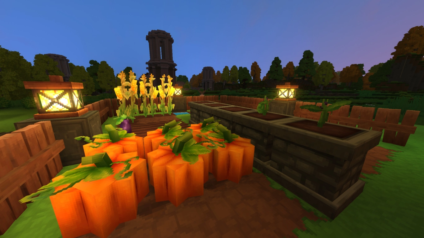 Hytale farm with Tanning Rack, fields, and animals