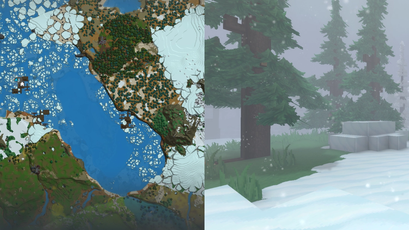 Hytale Zone 3 Whisperfrost Frontiers with taiga, tundra, and frozen lakes