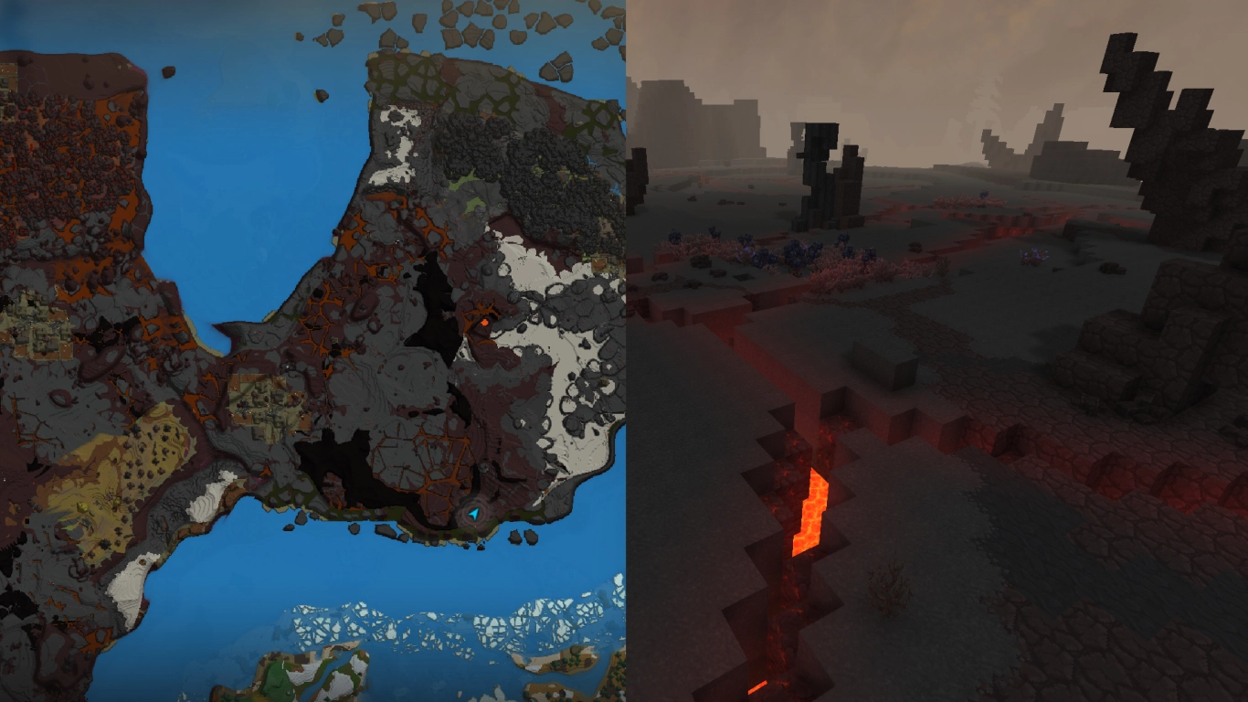 Hytale Zone 4 Devastated Lands with lava flows, ash fields, and a hidden jungle