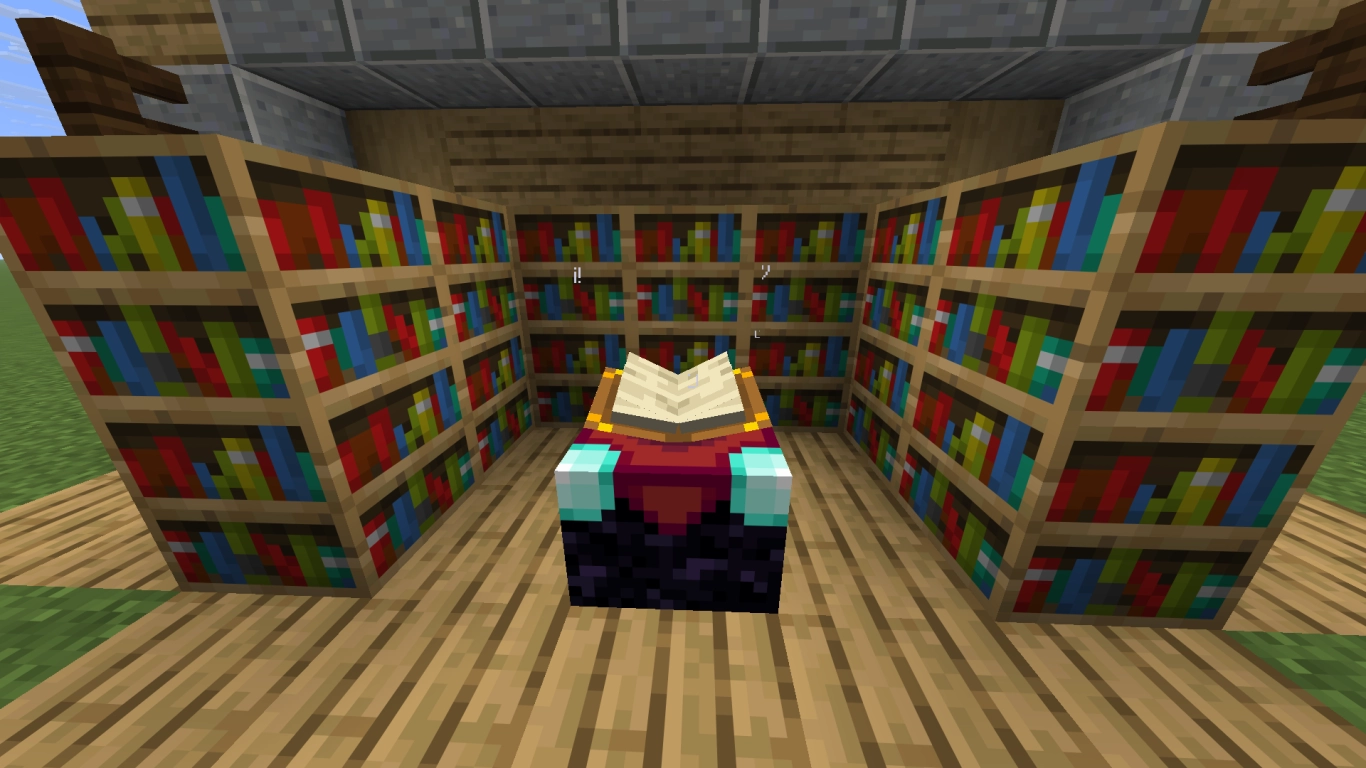 Enchanting table with bookshelves in Minecraft