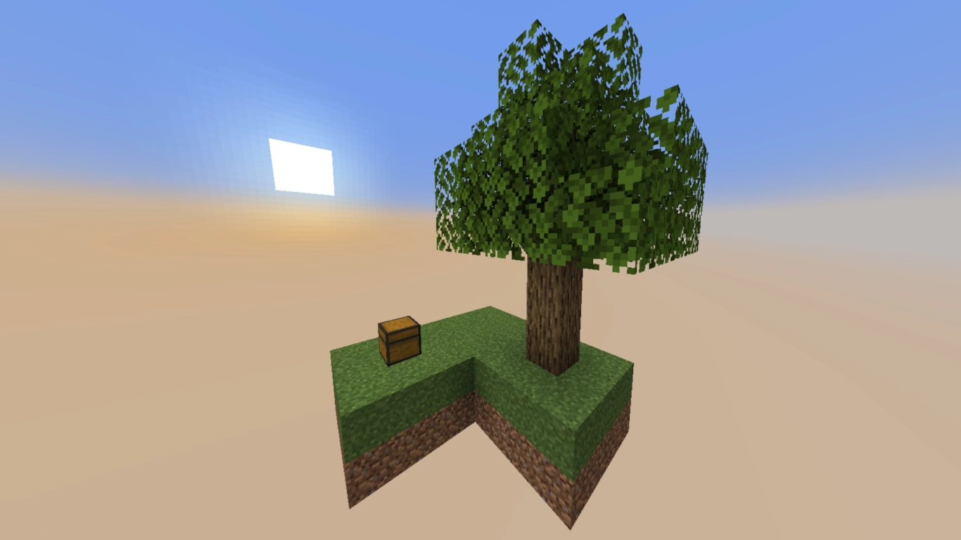 Minecraft Skyblock Challenge on a small island with a tree and a chest