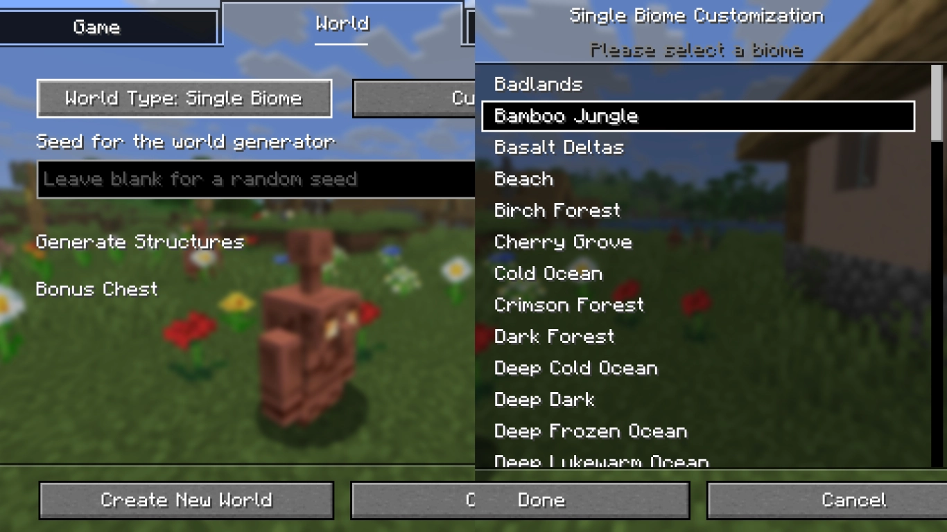 Minecraft Single-Biome World Challenge biome selection with tips