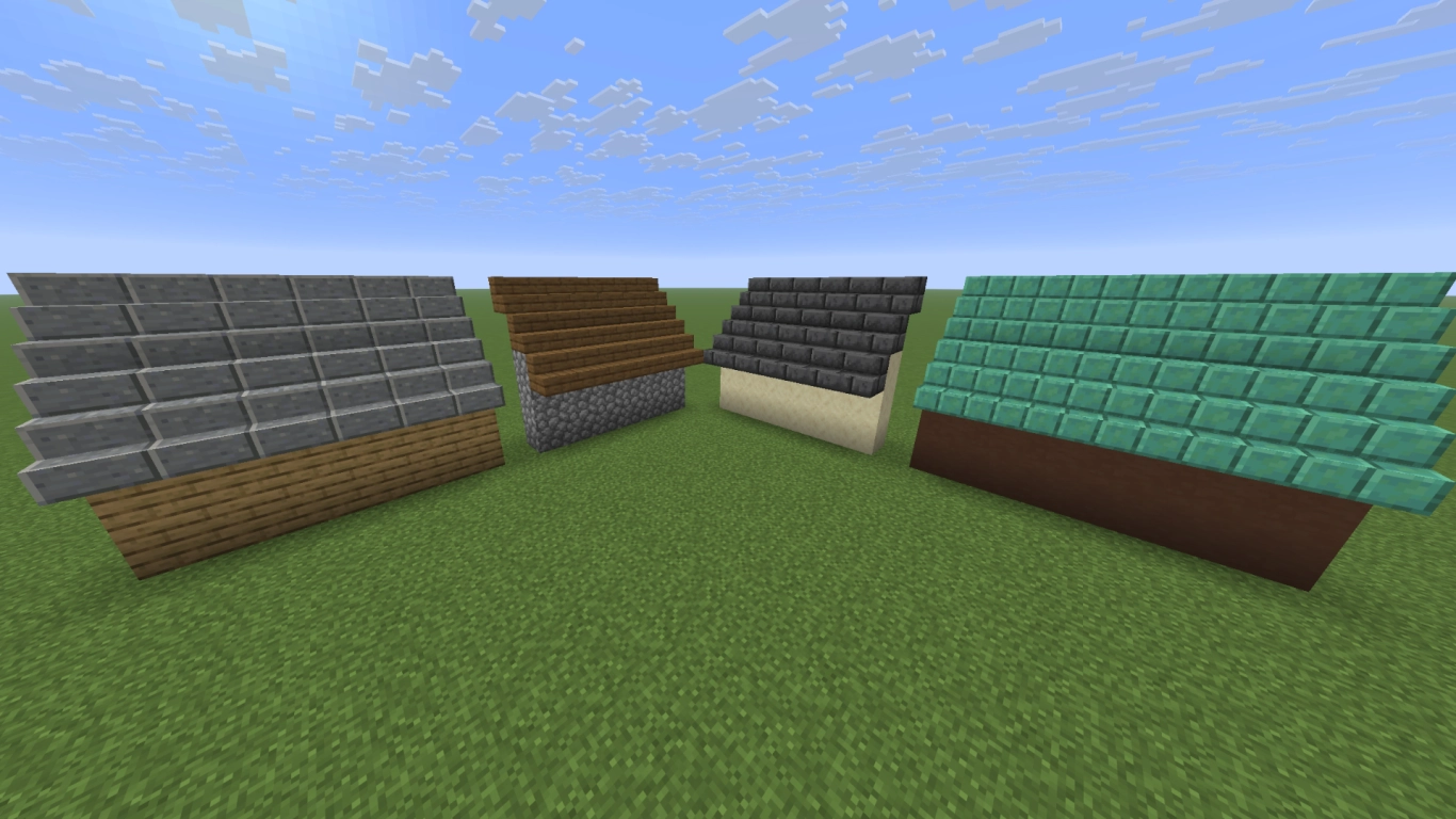 Minecraft roof materials with contrast to wooden, stone, and brick walls