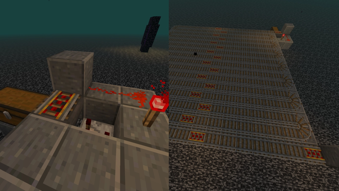Rail system with hopper minecart and redstone for an automatic Ghast farm in Minecraft