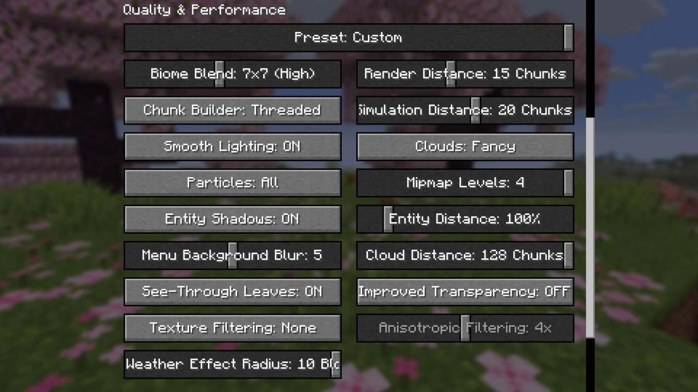 Minecraft graphics quality with particles, shadows, and render distance in the menu