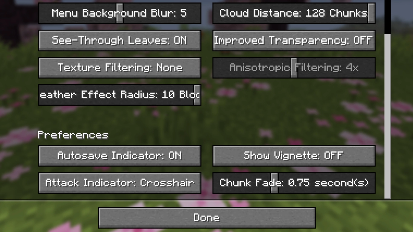 Minecraft display preferences with attack indicator and autosave notification