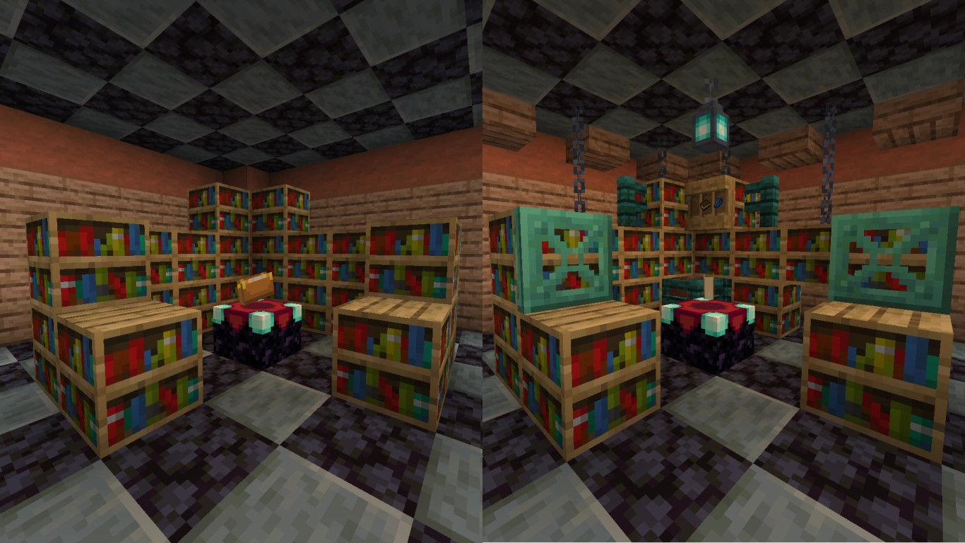 Minecraft furnishing step by step: place function first, then decorate, shown with an enchanting room