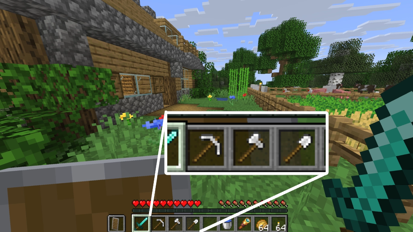 Pickaxe, axe, and shovel in a Minecraft inventory