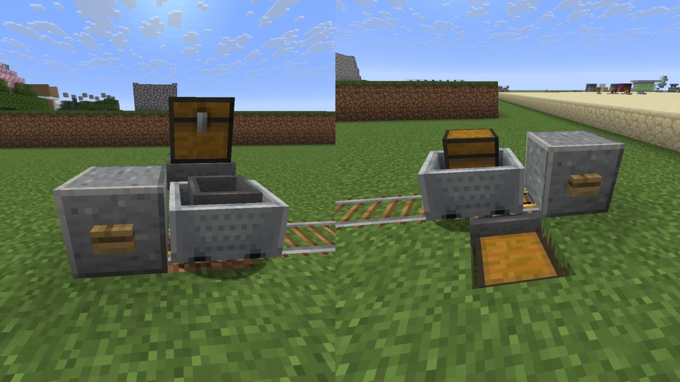 Minecraft hopper minecart and chest minecart on rails for item transport