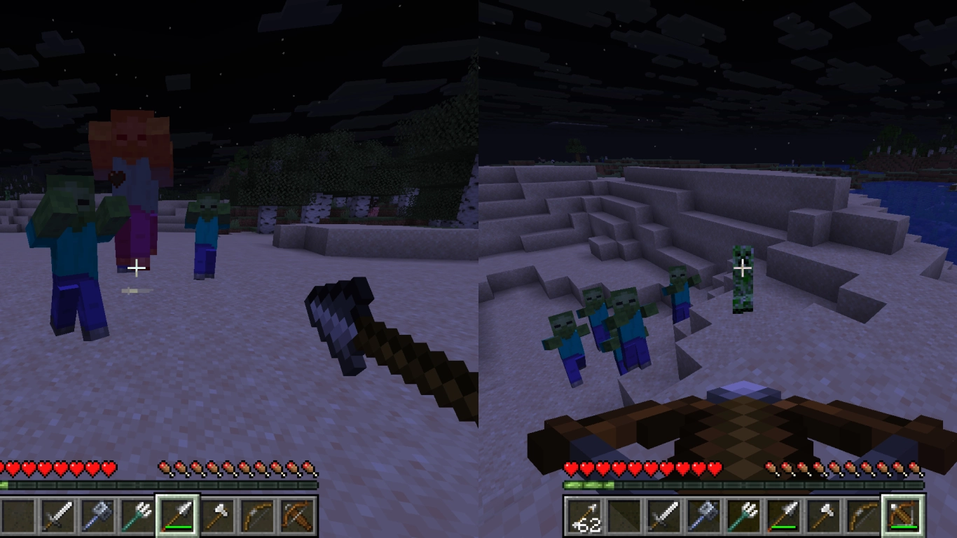 Overview of sword, axe, bow, crossbow, and trident in Minecraft