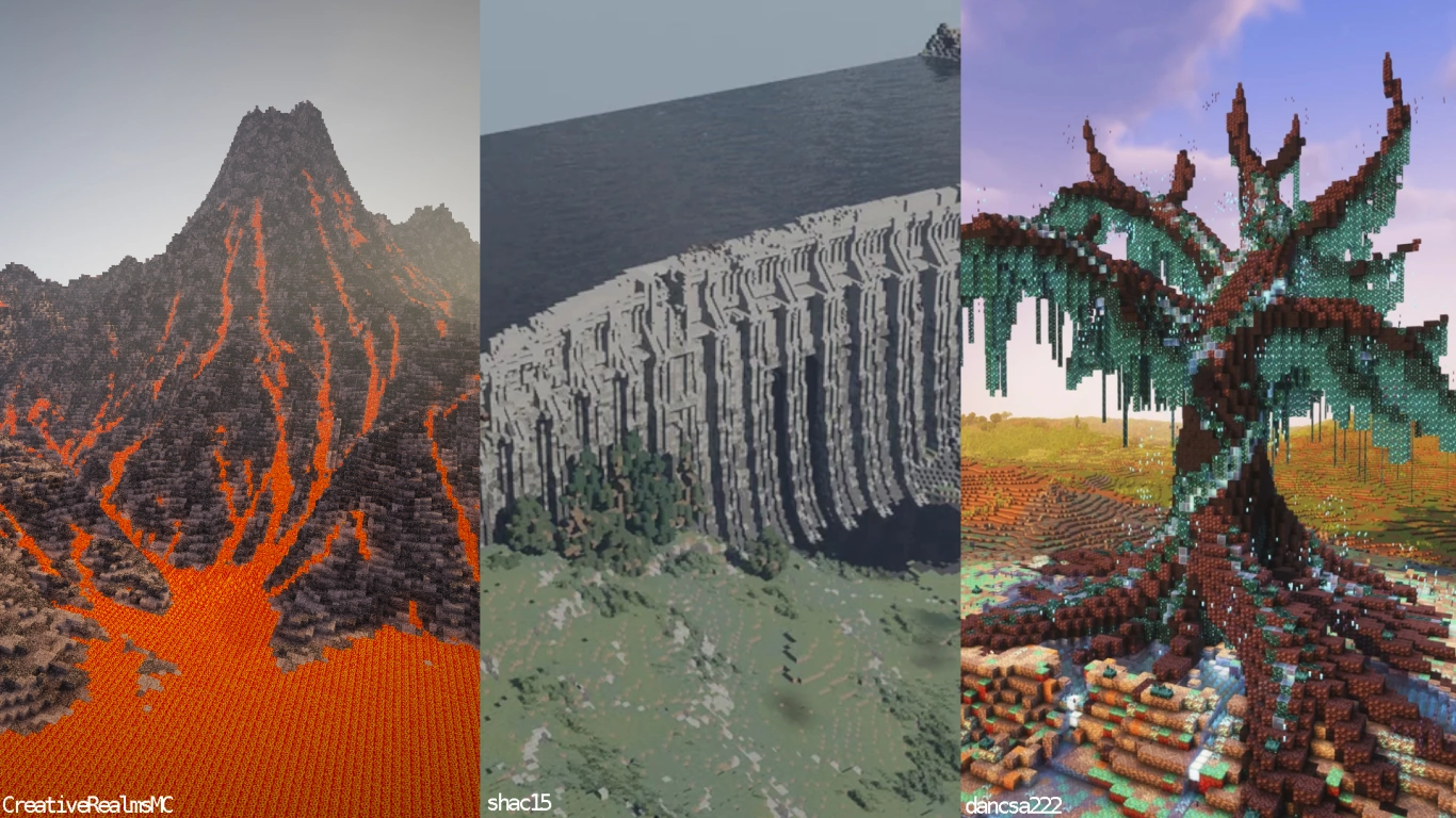 Minecraft landscaping: volcano and dam megaprojects