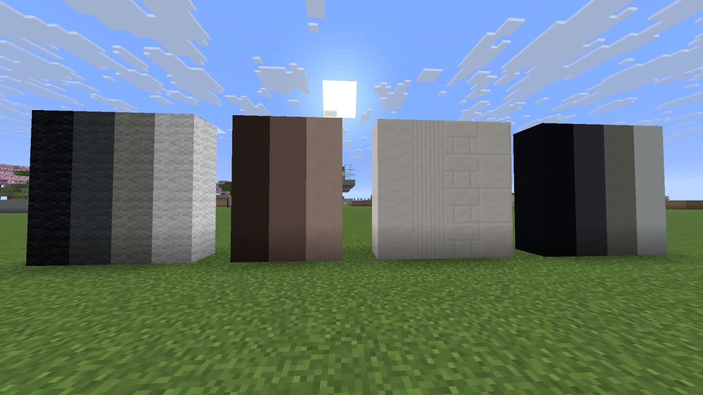 Material palette for modern Minecraft builds featuring concrete, quartz, and neutral tones