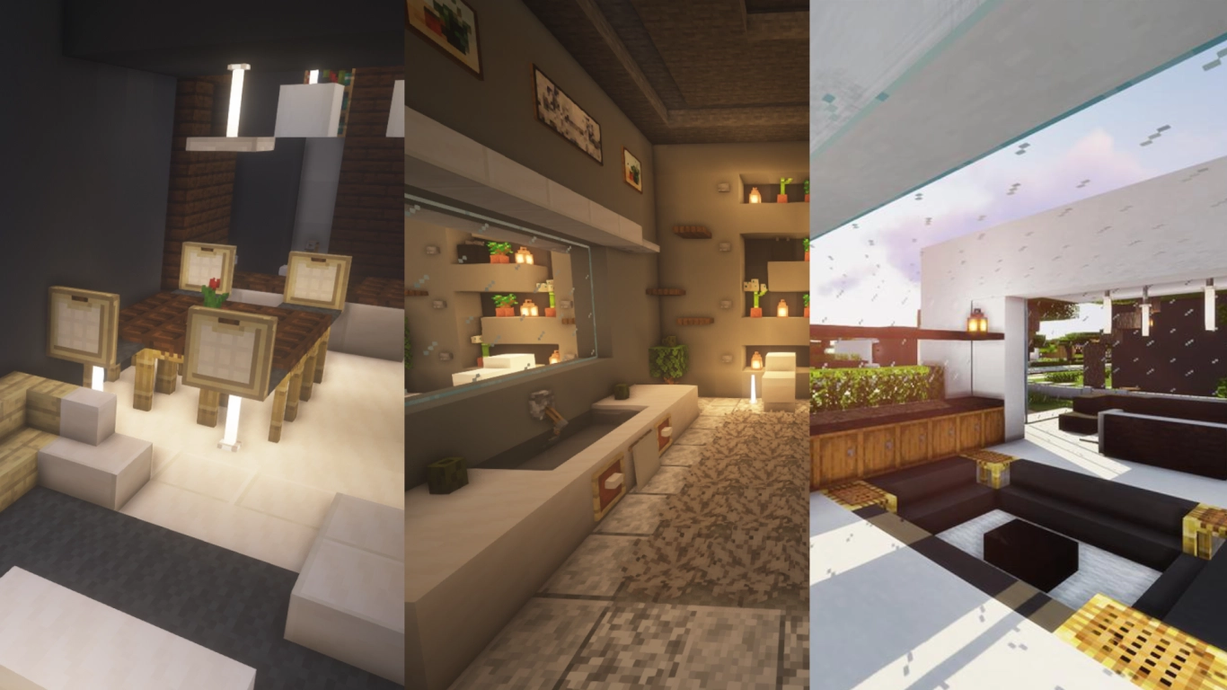 Minimalist Minecraft interior with bright surfaces, sea lanterns, and plants