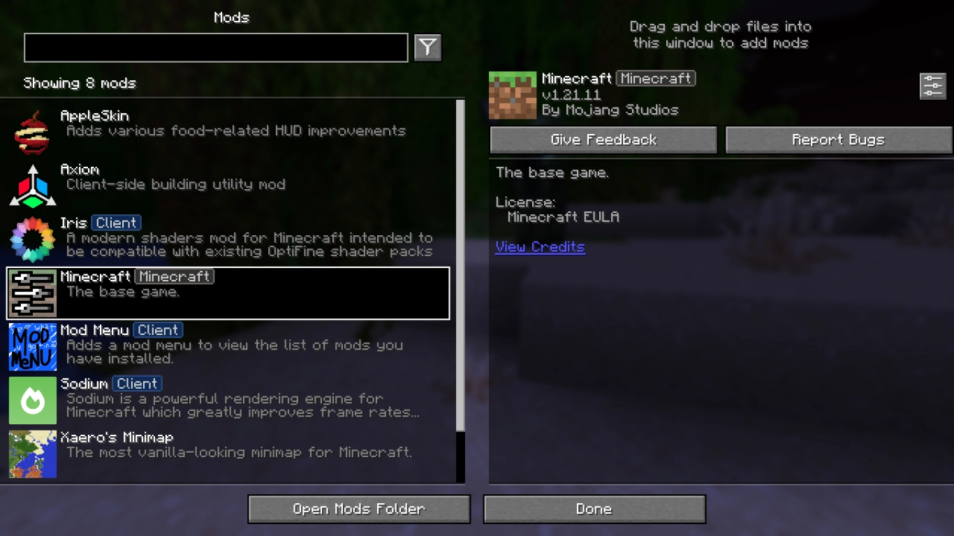 Minecraft Mod Menu to manage installed mods