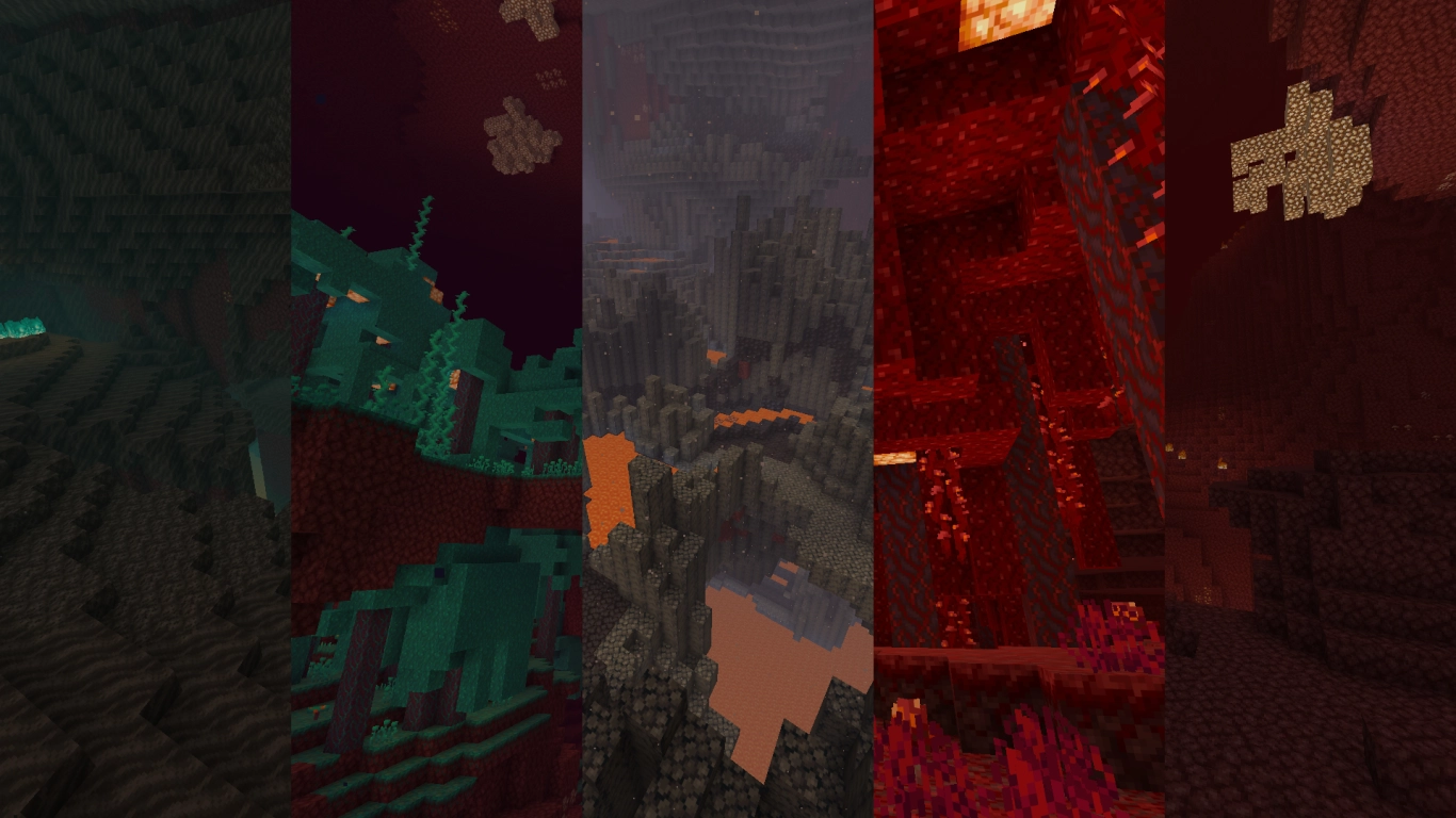 All Nether biomes: Nether Wastes, Soul Sand Valley, Crimson Forest, Warped Forest, and Basalt Deltas in Minecraft