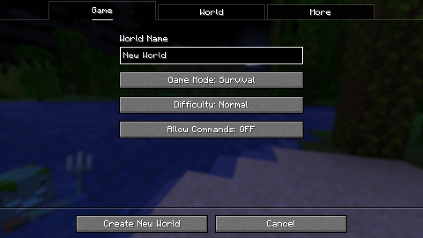 Settings for a new Minecraft world showing difficulty, game mode, and cheats