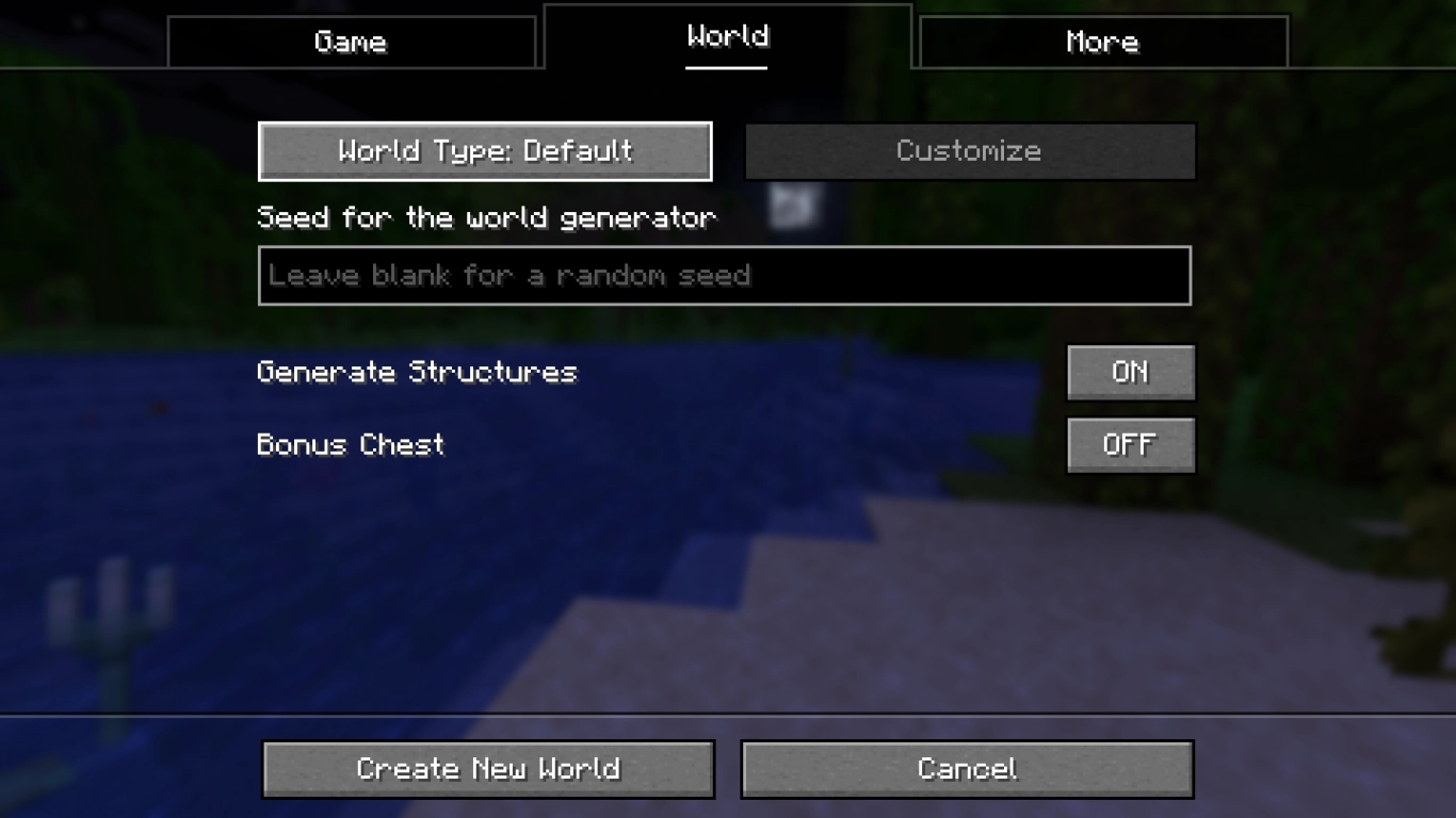 World type, seed, and structures in the Minecraft world settings
