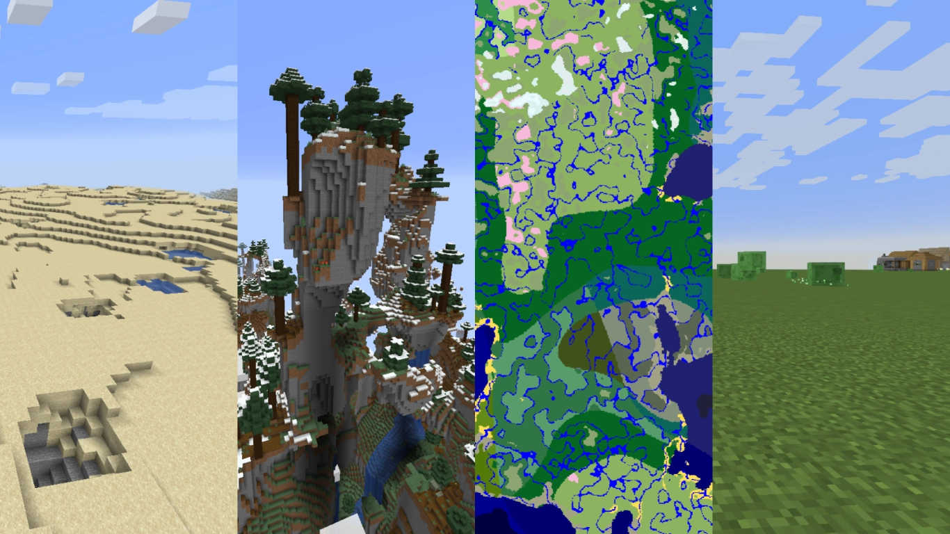 Overview of Minecraft world types: Default, Superflat, Large Biomes, and Amplified