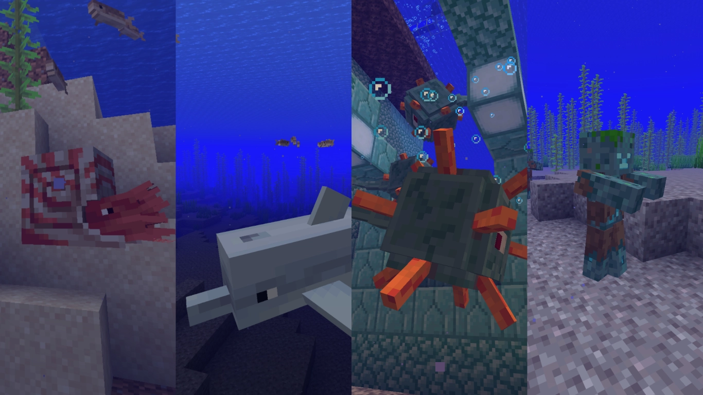 Minecraft sea life: dolphins, fish, Nautilus, and squids in the ocean