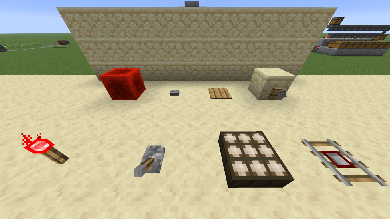 Redstone signal sources in Minecraft: Redstone block, torch, button, lever, and pressure plates