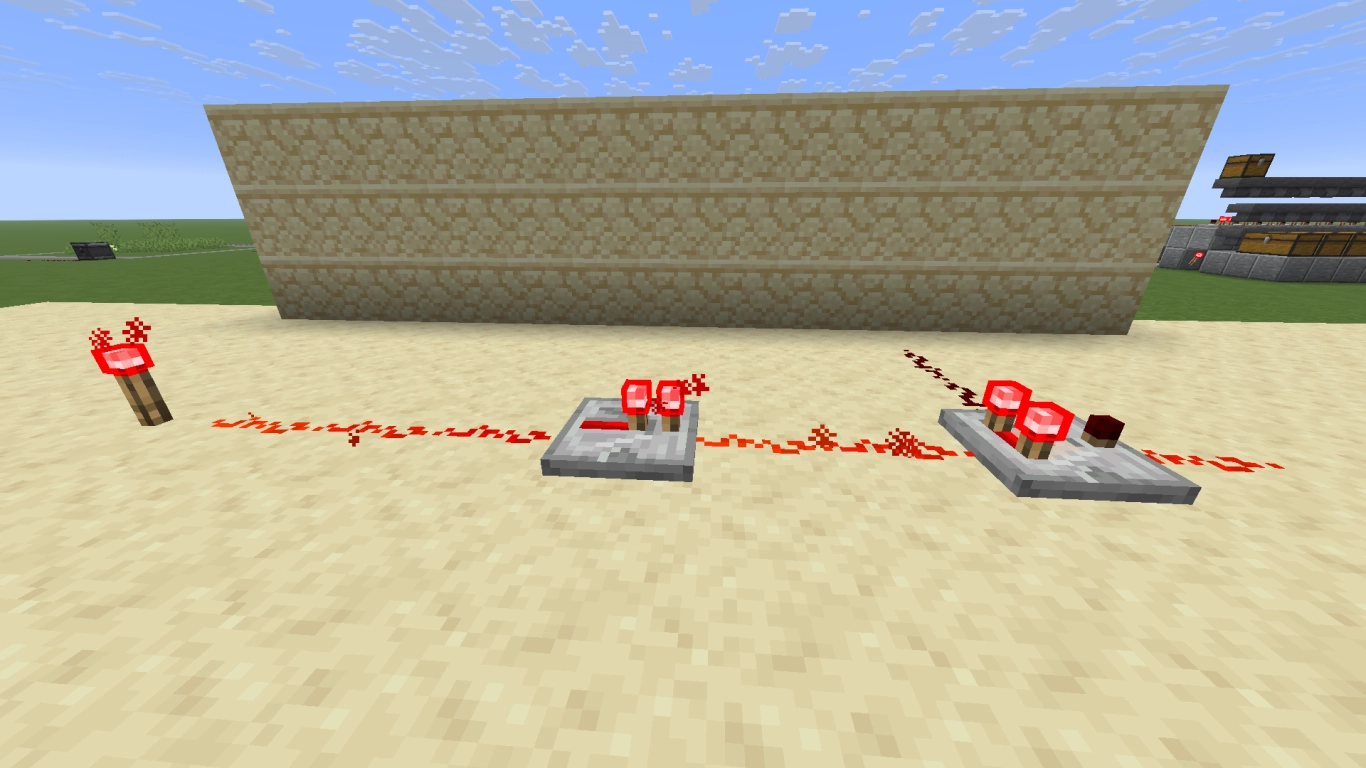 Redstone connections: dust, repeater, comparator, and torches for signal transmission