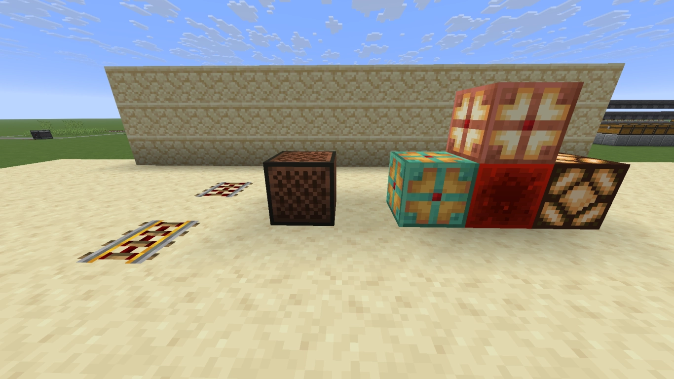 Rails and lighting with Redstone: Powered Rail, Activator Rail, Note Block, Copper Bulb, Redstone Lamp