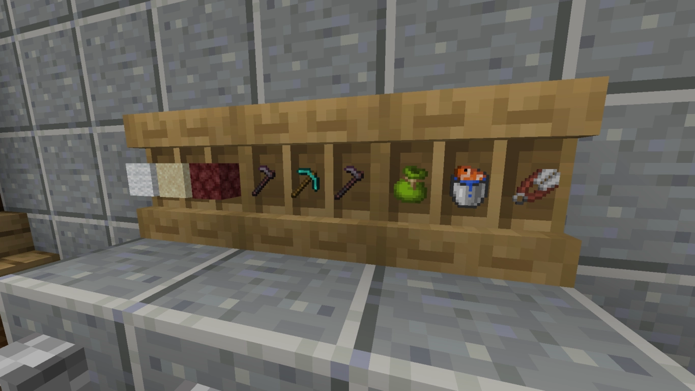 Store items and full stacks in a Minecraft shelf and display them