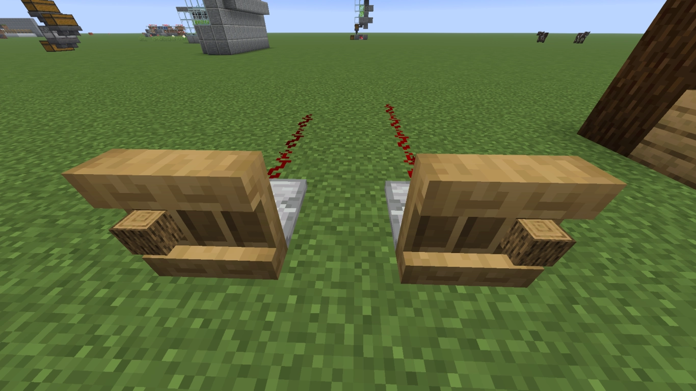 Connect Redstone, hoppers, and a comparator to a Minecraft shelf