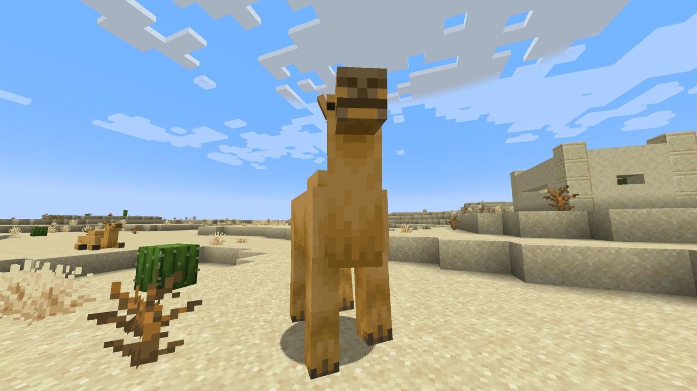 Minecraft camel with two players in a desert village