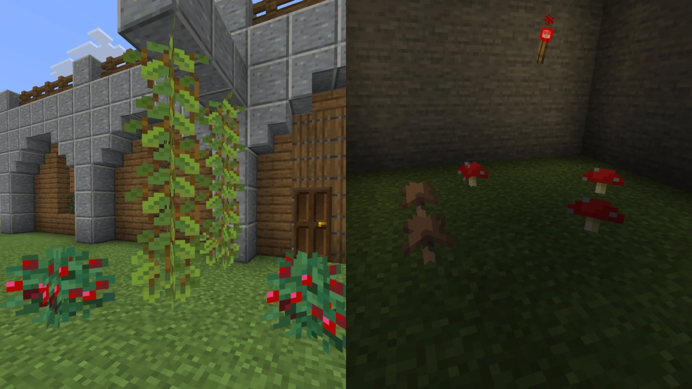Minecraft sweet berries, glow berries, and mushrooms as edible and decorative plants