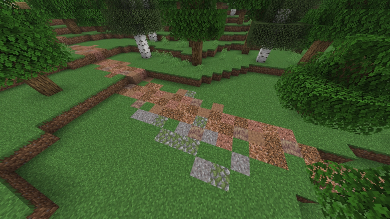 Minecraft path detailing with varied textures and block combinations